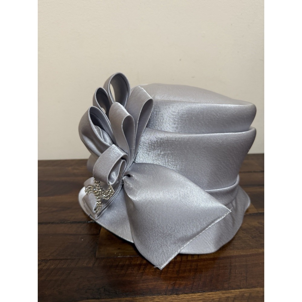 HI's Silver Gray Church Hat Rhinestone Bow Wedding Kentucky Derby Mother Bride - Picture 9 of 16